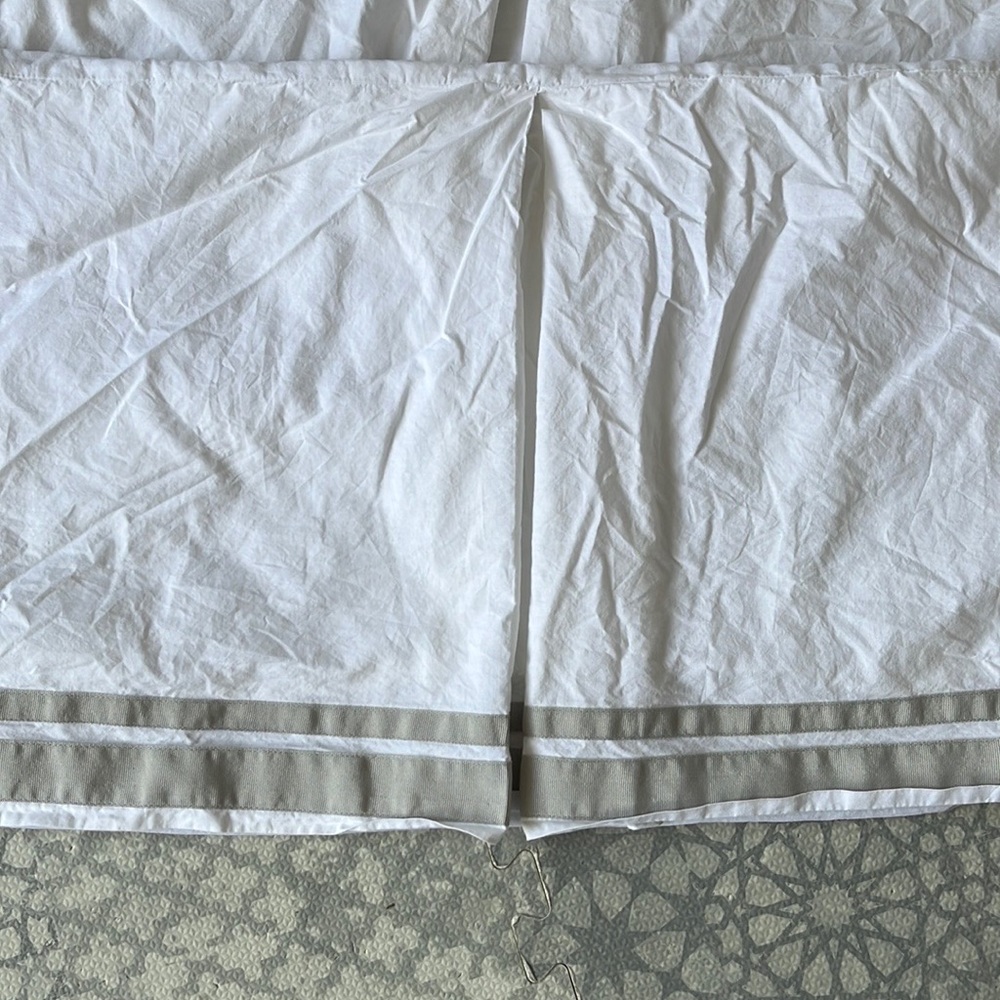 Pottery Barn Kids crib or toddler bed skirt white with grey ribbon